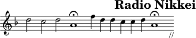 \header{tagline = ##f title="Radio Nikkei"}
% https://www.intervalsignals.net/sounds/jap-radionikkei1_010909.mp3
main = \relative{
  \cadenzaOn \key d \minor
  \omit Score.TimeSignature  
  \set Staff.midiInstrument = "tubular bells"
  d''2 c d a1*7/4\fermata 
  f'4 d d c c d a1*7/4\fermata
  s8_"//"
}
acco = \relative{
  \clef "treble_(8)" \key d \minor
  \set Staff.midiInstrument = "koto"
  \set midiMaximumVolume = #0.6
  s2\sustainOn s s \scaleDurations 25/26 {f16*4/5[ a, c d f a c d f16 a c8]} d1*9/8
  s2\sustainOff\sustainOn s s \scaleDurations 6/5 {f16*2/3[ d c a f d c16 a f d c8]} a1
}
\score{\main}
\score{
  <<
    \new Staff \main
    \new Staff \acco
  >>
  \midi{\tempo 4 = 100}
}
