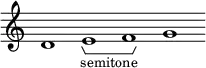 
\new Staff \with { \consists Horizontal_bracket_engraver \remove "Time_signature_engraver" \remove "Bar_engraver" }
\relative c' { 
  d1 e -\tweak HorizontalBracketText.text "semitone"  \startGroup f\stopGroup g}
