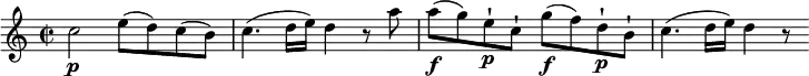 
 \relative c'' { \set Staff.midiInstrument = "string ensemble 1" \set Score.tempoHideNote = ##t
    \key c \major
    \time 2/2
    \tempo 4 = 60
  c2\p e8 (d) c (b)
  c4. (d16 e) d4 r8 a'8
  a\f (g) e-!\p c-! g'\f (f) d-!\p b-!
  c4. (d16 e) d4 r8
  }
