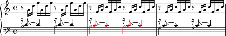 \new PianoStaff <<
\new Staff \relative c' {
\set Score.tempoHideNote = ##t \tempo 4 = 90
<<
\new Voice {
r8 g'16 d' g g, d' g r8 g,16 d' g g, d' g |
r8 e,16 g c e, g c r8 e,16 g c e, g c |
r8 e,16 g c e, g c r8 e,16 g c e, g c |
}
>>
}
\new Staff \relative c' {
\clef bass
<<
\new Voice {
\voiceThree
r16 d8.~ d4 r16 d8.~ d4 |
\override NoteHead.color = #red
\override Stem.color = #red
r16 c8.~ c4 r16 c8.~ c4 |
\override NoteHead.color = #black
\override Stem.color = #black
r16 c8.~ c4 r16 c8.~ c4 |
}
\new Voice {
\voiceFour
b2 b |
\override NoteHead.color = #red
\override Stem.color = #red
b b |
\override NoteHead.color = #black
\override Stem.color = #black
a a |
}
>>
}
>>