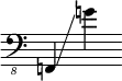 {
\override SpacingSpanner.strict-note-spacing = ##t
\set Score.proportionalNotationDuration = #(ly:make-moment 1/8)
\clef "bass_8" \omit Score.TimeSignature
\relative f,, {f!4 \glissando g''!}
}