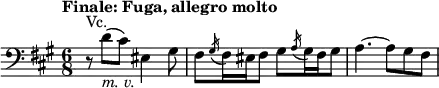 { \relative d' { \key fis \minor \time 6/8 \clef "bass"
\tempo "Finale: Fuga, allegro molto"
\tempo 4 = 90
r8 ^"Vc." d( _\markup { \italic "m. v." } cis) eis,4 gis8 |
fis \acciaccatura gis16 fis eis fis8 gis \acciaccatura a16 gis fis gis8 | a4.~ a8 gis fis}}