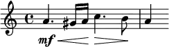 \relative c'' {
\time 4/4
\override DynamicLineSpanner.staff-padding = #2.5
a4._\mf\< gis16 a\! c4.\> b8\! a4
}