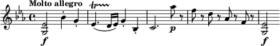 \relative c' { \set Staff.midiInstrument = #"string ensemble 1"
\key es \major
\tempo "Molto allegro" \set Score.tempoHideNote = ##t \tempo 4 = 144
<g es'>2\f bes'4-. g-. es4.\startTrillSpan( d16\stopTrillSpan es) g4-. bes,-. c2. as''8\p r f r d r as r f r <g, es'>2\f
}