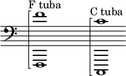 {
\new Staff \with { \omit Score.TimeSignature }
\clef bass \key c \major
\cadenzaOn \omit Stem
s4 ^ \markup "F tuba"
\arpeggioBracket <f,, f'>1 \arpeggio
\once \hide r1
s4 ^ \markup "C tuba"
\arpeggioBracket <c,, c'>1 \arpeggio
}