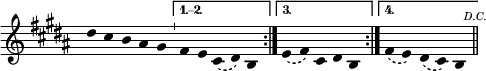 \header{tagline=##f}
% https://www.intervalsignals.net/sounds/ukg-bbcws_bow_bells_is_170701.mp3
main = {
  \key b \major \omit\time 5/4 \omit Stem \slurDashed
  \transpose f e \relative{
    \repeat volta 4{e''4 d c b a \bar "'"}
    \alternative{{g f d( e) c}{f( g) d e c}{g'( f) e( d) c}}
  }
  \bar "||" \mark \markup{\teeny \italic D.C.}
}
\score{\main \layout{indent=0 line-width=120}}
\score{<<\unfoldRepeats\main \new Staff{\skip 4*50}>>
 \midi{\tempo 4=187 \set Staff.midiInstrument = "tubular bells"}
}
