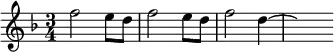 \header{ title = "Radiodifusión Argentina al Exterior" }

\relative{
  \key d \minor \time 3/4 f''2 e8 d f2 e8 d f2 d4~ \hideNotes 2
}
\midi{\tempo 4=84 \set Staff.midiInstrument = "electric piano 1"}
