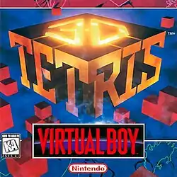 The game's logo is presented in a 3D format, with 'Tet' on the left of an angled cube, 'Ris' on the right, and a glowing 3D at the top. The logo is surrounded by various blocks of different shapes and sizes.