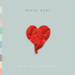 In the centre of a pastel blue background sits a heart balooon. It appears to be completely deflated and riddled with wrinkles. The top reads "Kanye West" while the bottom reads "808s and Heartbreak". To the left in small rectangles lies a palette featuring an array of pastel colors.
