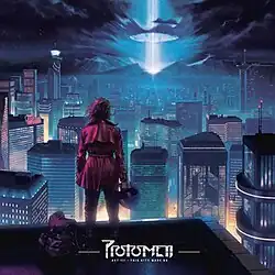 The album cover for Act III: This City Made Us. It features a girl on top of a roof, looking over a futuristic city with many skyscrapers. A blue beam of light comes down from the sky in the distance in the mountains.