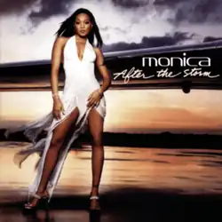Monica in a white dress standing on a wet runway in front of the wing of a plane, with a somewhat cloudy sky at sunset behind her, with her name and the title to the right.