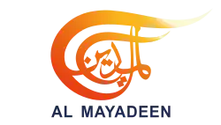 Logo of Al Mayadeen, consisting of stylized Arabic name and its English equivalent