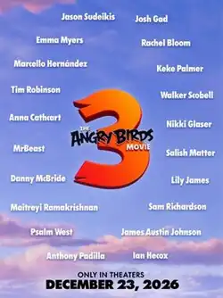 A teaser film poster. In front of an evening sky background, the logo is in the centre, surrounding by the names of confirmed voice cast members. The release date is located at the bottom in thick black text.