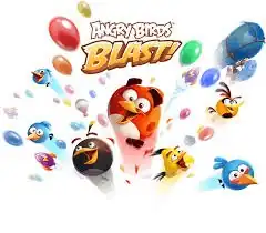 The Angry Birds, round birds without limbs, fly towards the screen with happy facial expressions alongside numourous balloons and objects. The logo is located in the top middle.