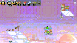 A GIF depicting main gameplay. The Han Solo bird is launched from a slingshot and fires his blaster at a floating platform holding Imperial pigs and blocks. Solo hits a Stormtrooper pig off a chain and is pushed back by a smoke exhaust. The pause button, power-ups, and score are at the top.