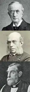 Head and shoulders images of three middle-aged white men, two in non-clerical clothes and one, bearded and in clerical outfit