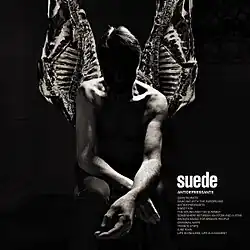 In black-and-white, a shirtless Brett Anderson kneels towards the camera and is positioned in front of two hanging slabs of meat. In the bottom-right corner, the band name, album title, and the track listing are listed from top to bottom.