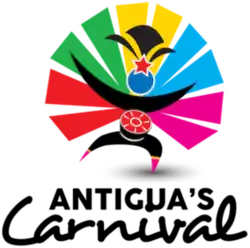 logo of Antigua Carnival, with abstract image of a person playing a steel drum and wearing colorful feathers