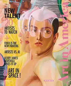 Cover of Art in America magazine with headline stories on the left side and the masthead in rotated vertical form on the right side in a pink color