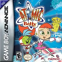 The "Atomic Betty" logo appears in the top half of the cover. In the foreground are three cartoon characters: a green alien with a large nose and blue hair wearing a red and white space suit; a red-haired human girl in a pink skirt and top with white gloves, boots and head cover; and a gold robot white arms but no legs.