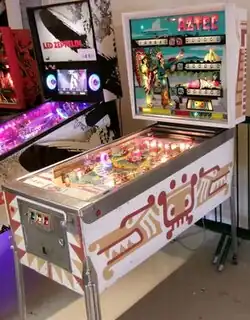 Aztec pinball machine showing cabinet and backbox artwork