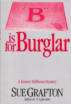 The book cover features a large red letter B on a doormat, above the bold title "B is for Burglar"