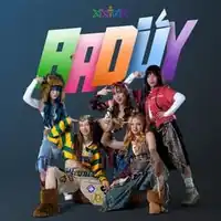 Five girls in streetwear, below the word "Baduy" (Cheesy) in big, rainbow-colored chunky letters