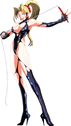 A blonde woman in a torn dominatrix outfit holding a whip stretched out in front of her
