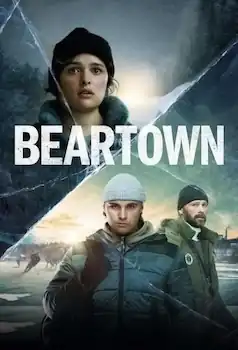 Promotional poster, featuring three main characters in winter clothing against an icy background. The English series title "Beartown" appears in large white letters across the centre of the image.