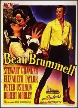 Colorful illustrated movie poster showing a woman embracing a man in period costume as another man in a bright yellow shirt smiles beside them, with the film title in large yellow text