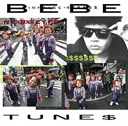 On the top and bottom of the cover is the name of the BEBETUNE$ project in black behind a white background. On the top is the mixtape title hiding behind "BEBE". In the middle of the cover, three photos of Chucky dolls on the city streets are on the top left, bottom left and bottom right, while a picture of Ferraro in a black suit, sunglasses and green dollar signs symbols in front of him is on the top right