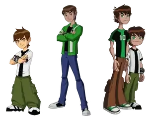 Ben Tennyson as depicted in (from left to right) Ben 10 (2005 TV series), Ben 10: Alien Force & Ben 10: Ultimate Alien, Ben 10: Omniverse