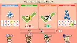 This screenshot shows four players in four different classes solving a puzzle on how many cubes can be seen on the screen. The game's interface displays the player's individual points earned, their customizable avatars, and the end goal of 100 points.
