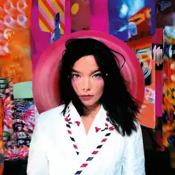A brunette woman, wearing a jacket in the shape of an envelope, with her hair moved by the air, looking at the viewer with a deep sight, is in front of a big variety of pictures principally coloured pink, orange and blue, some of them have Japanese kanji characters and figures of animals.