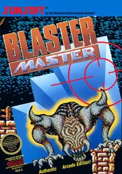 A dog-like enemy representing the Plutonium Boss is in the center of the image with a large, red crosshair above and off-center of the boss. Below the boss is yellow text that says "Authentic Arcade Edition!" To the left of the boss in the image are two seals of approval by Nintendo, one of them gold and the other being red. Above the boss and the crosshair, towards the top and aligned to the left, is the title of the game "Blaster Master" in brown and all caps. On the very top of the image is a blue tip that contains the Sunsoft logo in red letters followed by black text saying "for the Nintendo Entertainment System". The background of the image are closeup shots from the video game itself.