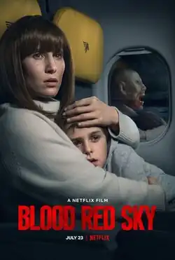 "Official release poster": On board a plane, a woman hugs her daughter . A reflection of her in the window shows a monster.