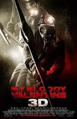 With an echo motion trailer effect, a miner swings a pickaxe forward, which crosses over the film's logo and credits below him.