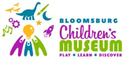 Complex graphic consisting of a cluster of objects: dinosaur, paintbrush, star, moon, rocket, children, musical notes, gears, birds, and a light bulb