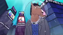 An anthropomorphic horse looks around while wearing a circular helmet