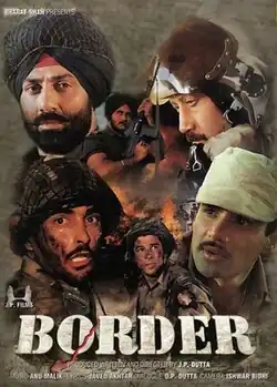 The theatrical release poster for "Border", where the characters are depicted against a desert background. Clockwise from the top left are Sunny Deol, Jackie Shroff, Suniel Shetty and Akshaye Khanna. In between them, from top to bottom, are Puneet Issar and Sudesh Berry.