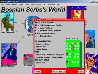 Screenshot illustrating the use of confrontation analysis Version 1 in a role play written by Professor Nigel Howard in a computer-aided role play depicting the Siege of Sarajevo