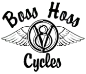 Bird-like outstretched wings with V8 centre legend and Boss Hoss Cycles in stylised script