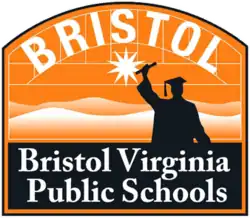 Graduate in a cap and gown holding a diploma in front of the Bristol Virginia–Tennessee slogan sign