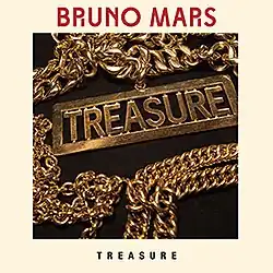A gold chain with the word "Treasure" on the bottom of the chain. The same word can also be found under the gold chain in black capital font and on the top of the latter, the words "Bruno Mars" in red capital font.