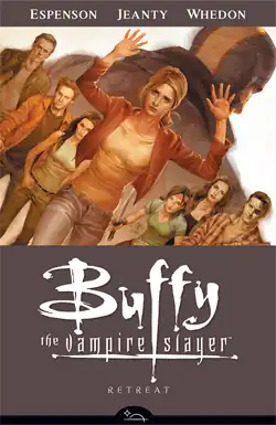 The cover image depicts, clockwise from the top, Buffy Summers, Oz, Willow Rosenberg, and Andrew Wells based on the likenesses of the original actors (Sarah Michelle Gellar, Seth Green, Alyson Hannigan, and Tom Lenk). In front of the characters is the head a shoulders of and skinned figure looking at the viewer.