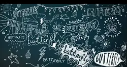 The word butterfly written in various different styles on white text with a dark gray background