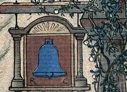 Detail showing vertical hatchings, a variety of ink colours, and stippling.