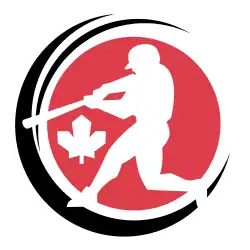 A batsman, and a stylised maple leaf, depicted in a white silhouette against a red circle and black outlines.