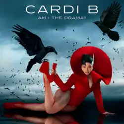 Cardi B in a red dress and shoes, surrounded by a flock of black birds