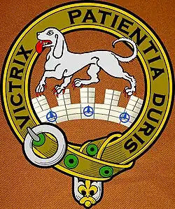Carter of Castle Martin crest badge on Irish saffron Motto: Patience is victorious in hardship